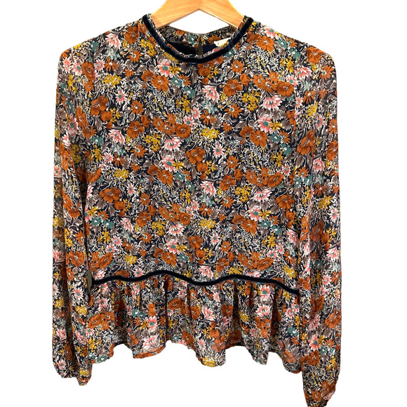 Love Riche Tops - Loveriche medium blue velvet floral ruffle peplum Boho blouse